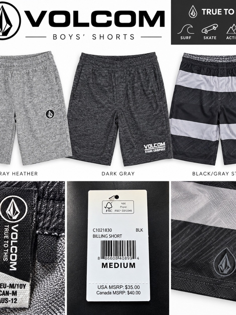 Volcom Boys' Black and Gray Stripe Billing Shorts